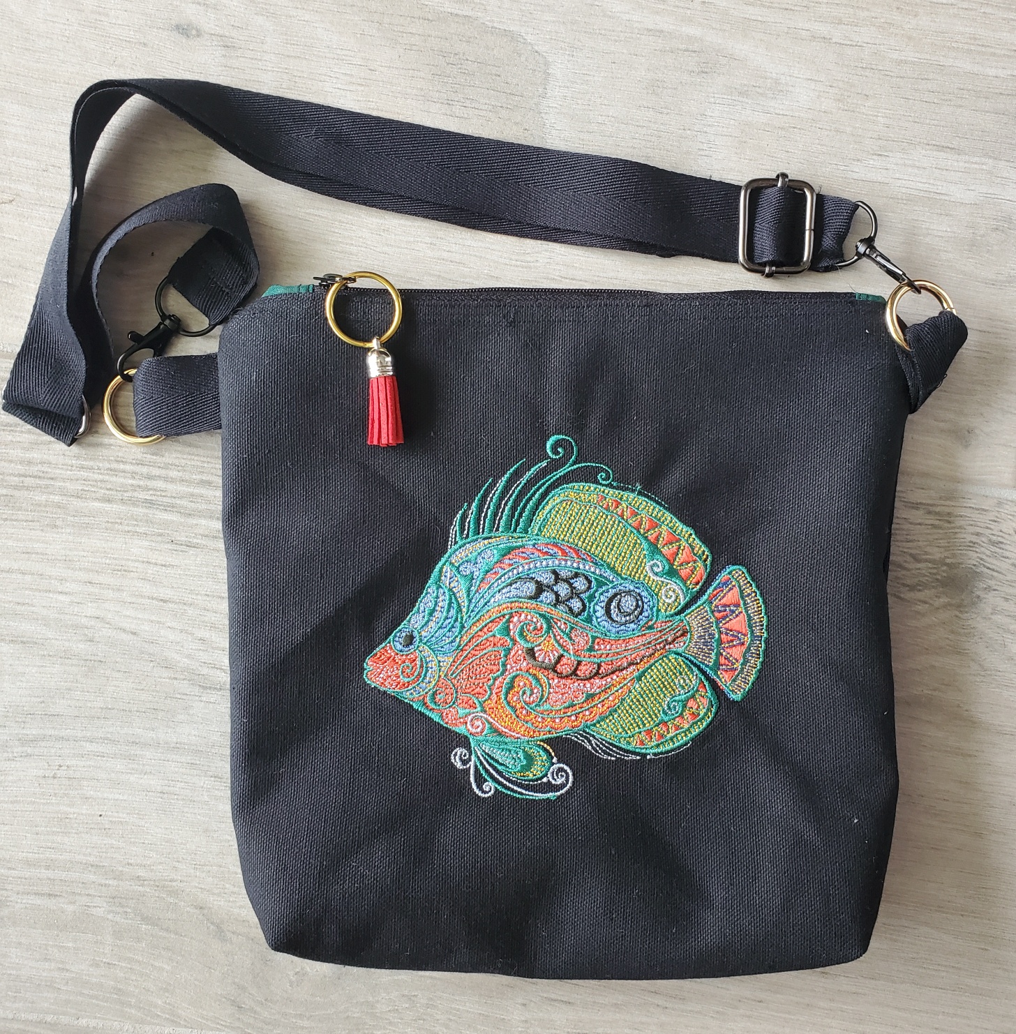 black-canvas-tropical-fish-bag-front-Jen's-Bag-Jennifer-Wheatley-Wolf
